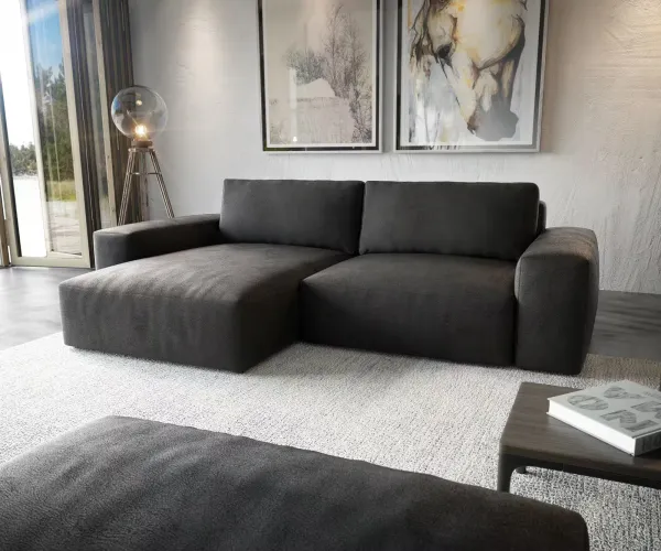 DELIFE Rohová pohovka Lanzo XL 270x180 cm imitácia kože vintage antracitová variabilné ležadlo s taburetom