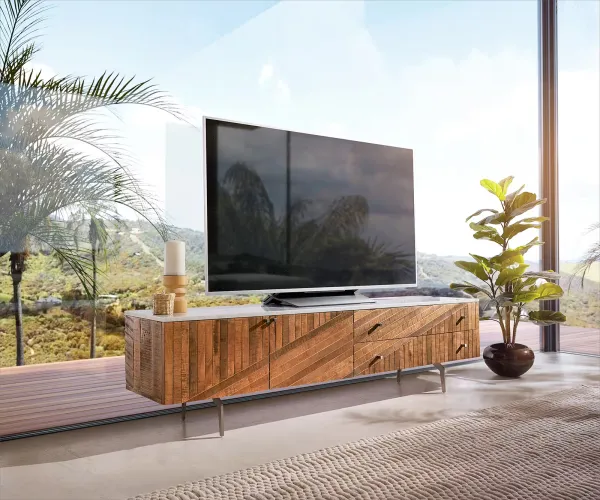 DELIFE TV stolík Bahan 175 cm mango teak 2 dvierka 2 zásuvky mramorová doska biela podstava v tvare L nerezová oceľ