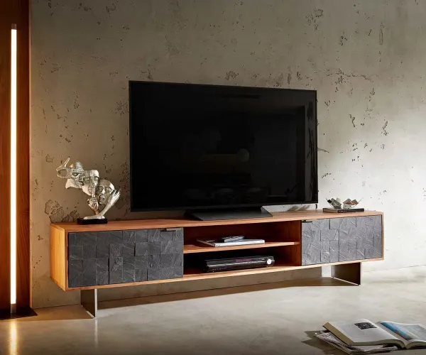 DELIFE TV stolík Teele 200 cm akácia prírodná bridlica 2 dvierka závesná podstava nerezová oceľ