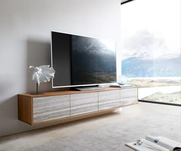 DELIFE TV stolík Kleo 200 cm akácia prírodná 4 dvierka závesný