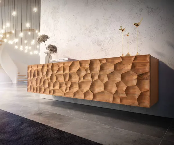 DELIFE TV stolík Solu 175 cm akácia prírodná 2 dvierka 2 zásuvky závesný 3D čelo