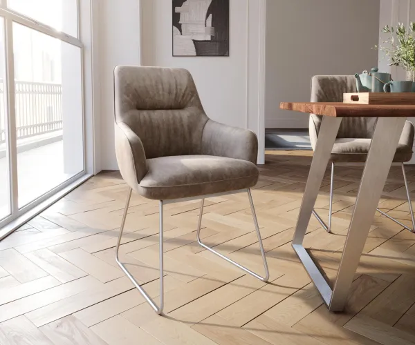 DELIFE Jedálenská stolička Zelia-Flex s opierkami mikrovlákno taupe vintage tenká podstava nerezová oceľ vrecková pružina