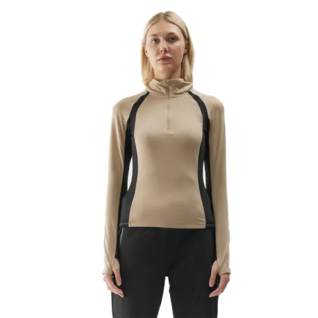 Dámska zateplená lyžiarska mikina s 1 2 zipsom 4F BRUSHED UNDERWEAR-AW23UBRUF042-82S-LIGHT BROWN