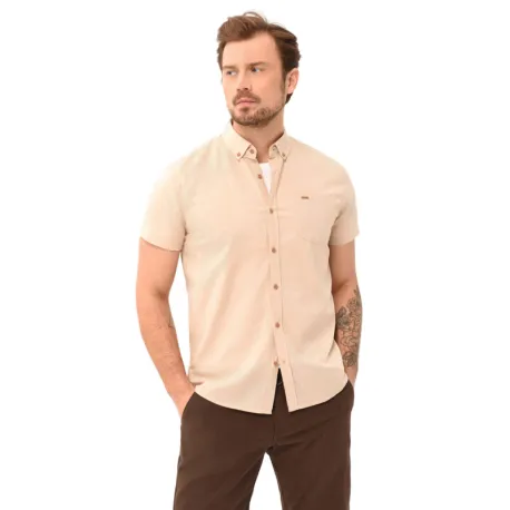Pánska košeľa s krátkym rukávom VOLCANO LIN-102-BEIGE