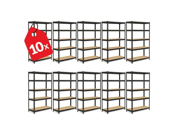 Akcia 10x Regál 180x90x30 cm robustný lakovaný 5-policový, nosnosť 1000 kg - čierny