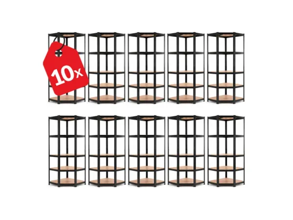 Akcia 10x Regál 180x90x40 cm rohový lakovaný 5-polícový, nosnosť 875 kg - čierny