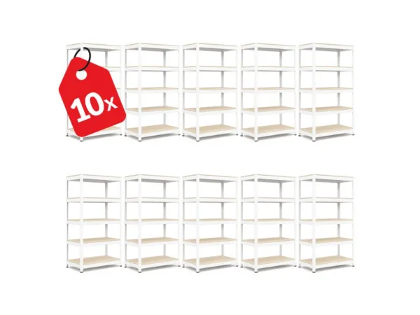 Akcia 10x Regál 183x90x40 cm lakovaný 5-policový, nosnosť 1000 kg, RIVET - biely
