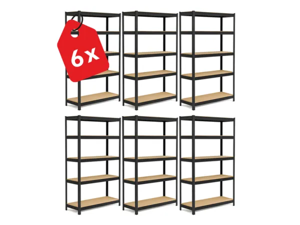 Akcia 6x Regál 180x100x30 cm lakovaný 5-policový, nosnosť 875 kg - čierny - 6ks