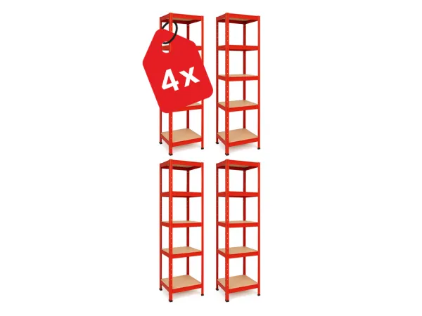 Akcia 4x Regál 180x40x40 cm lakovaný 5-policový, nosnosť 875 kg - červený - 4ks