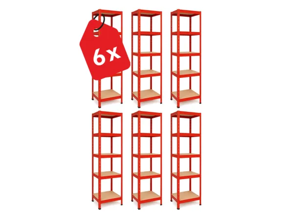 Akcia 6x Regál 180x40x40 cm lakovaný 5-policový, nosnosť 875 kg - červený - 6ks