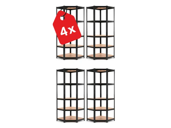 Akcia 4x Regál 180x90x40 cm rohový lakovaný 5-polícový, nosnosť 875 kg - čierny - 4ks
