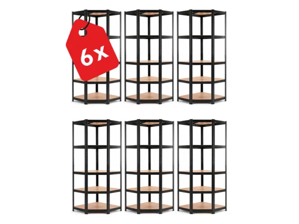 Akcia 6x Regál 180x90x40 cm rohový lakovaný 5-polícový, nosnosť 875 kg - čierny - 6ks