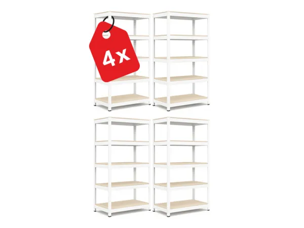 Akcia 4x Regál 183x90x40 cm lakovaný 5-policový, nosnosť 1000 kg, RIVET - biely - 4ks