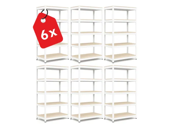 Akcia 6x Regál 183x90x40 cm lakovaný 5-policový, nosnosť 1000 kg, RIVET - biely - 6ks