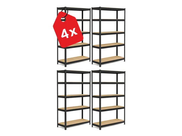 Akcia 4x Regál 200x90x50 cm lakovaný 5-policový, nosnosť 875 kg - čierny - 4ks
