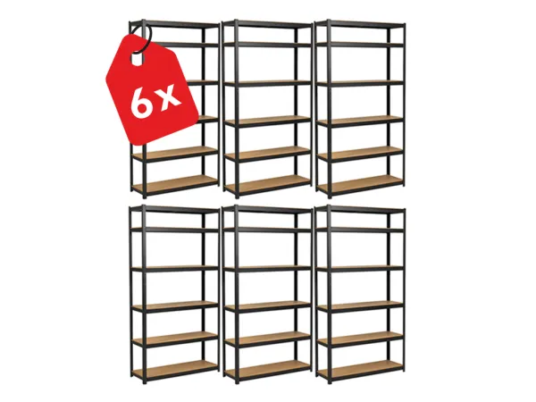 Akcia 6x Regál 220x90x60 cm lakovaný 6-policový, nosnosť 1050 kg - čierny - 6ks