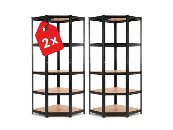Regál 180x90x40 cm rohový lakovaný 5-polícový, nosnosť 875 kg - čierny - 2ks