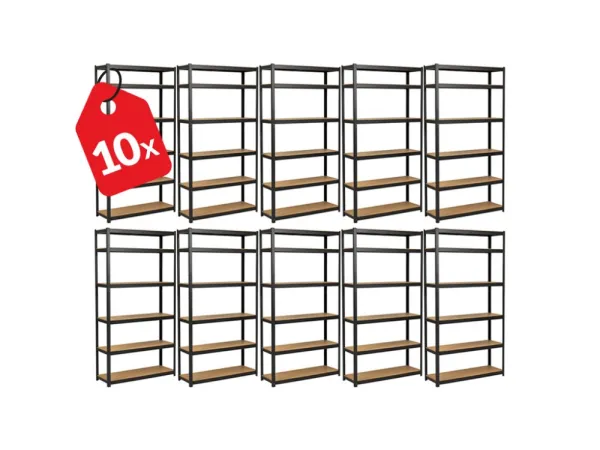 Akcia 10x Regál 220x90x60 cm lakovaný 6-policový, nosnosť 1050 kg - čierny