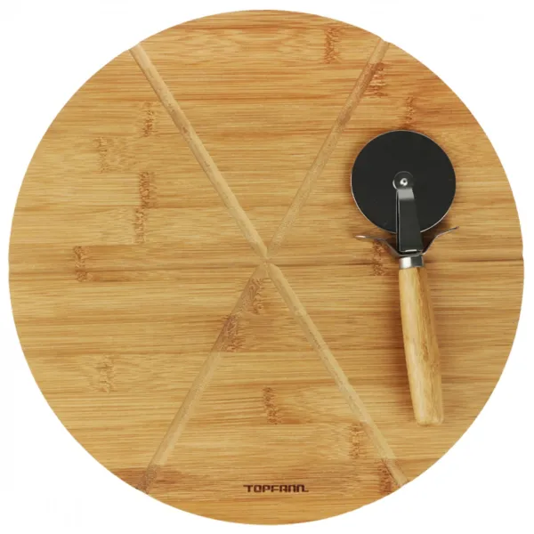 TOPFANN B14130-1 Bambusová doska na krájanie pizze s nožom, 32x1,2cm