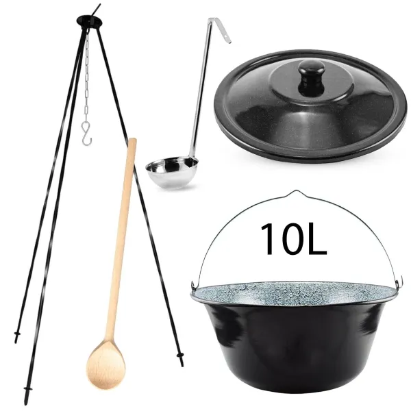 Perfect Home Kotlikset011 Trojnožka ku kotlíkom 1,2m + smaltovaný kotlík s pokrievkou 10 L + varecha + naberačka ZADARMO, 5 ks