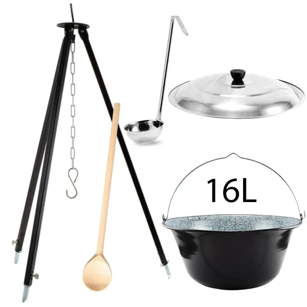 Perfect Home Kotlikset013 Trojnožka ku kotlíkom 1,2m + smaltovaný kotlík s pokrievkou 16 L + varecha + naberačka ZADARMO, 5 ks