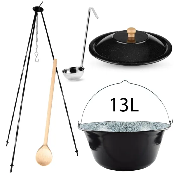 Perfect Home Kotlikset014 Trojnožka ku kotlíkom 1,2m + smaltovaný kotlík s pokrievkou 13 L + varecha + naberačka ZADARMO, 5 ks