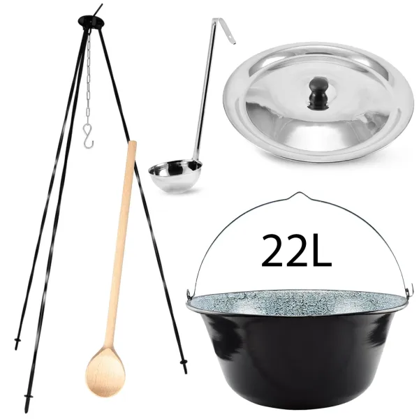 Perfect Home Kotlikset015 Trojnožka ku kotlíkom 1,24m + smaltovaný kotlík s pokrievkou 22 L + varecha + naberačka ZADARMO, 5 ks