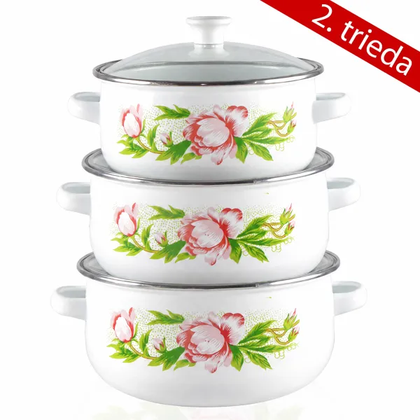 Smaltované hrnce TIDAL KVETY 6 ks, biele – s pokrievkami, objemy 2 L / 1,5 L / 1 L – 2. trieda, 2781
