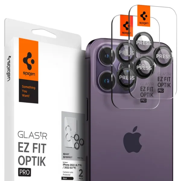 Spigen Optik.tR "EZ FIT" ochranné sklo pre fotoaparát (2 balenia) - iPhone 14 pro / 14 pro Max - Čierna