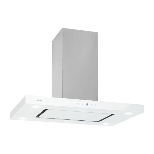 Klarstein Valeria, digestor, 90 cm, ostrovčekový, 642 m³/h, dotykový panel, LED, sklo, nehrdzavejúca oceľ, biely