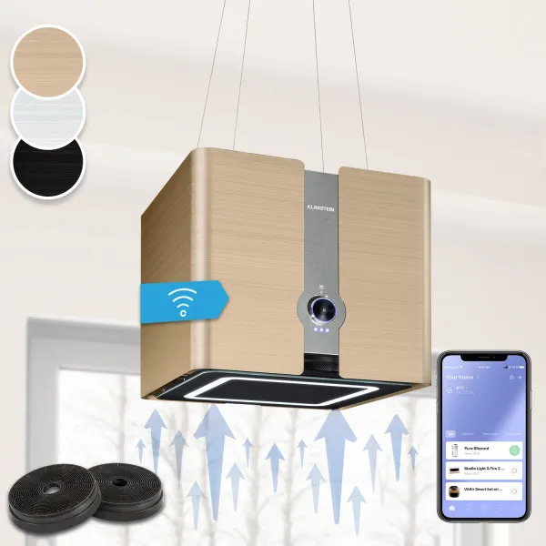 Klarstein Futurelight Smart, digestor, 45 cm, ostrovčekový, 413 m³/h, LED, nehrdzavejúca oceľ, zlatý