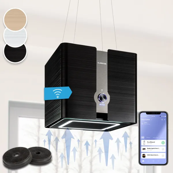Klarstein Futurelight Smart, digestor, 45 cm, ostrovčekový, 413 m³/h, LED, nehrdzavejúca oceľ, čierny