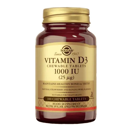 SOLGAR Vitamín D3 1000 IU jahoda banán 100 žuvacích tabliet