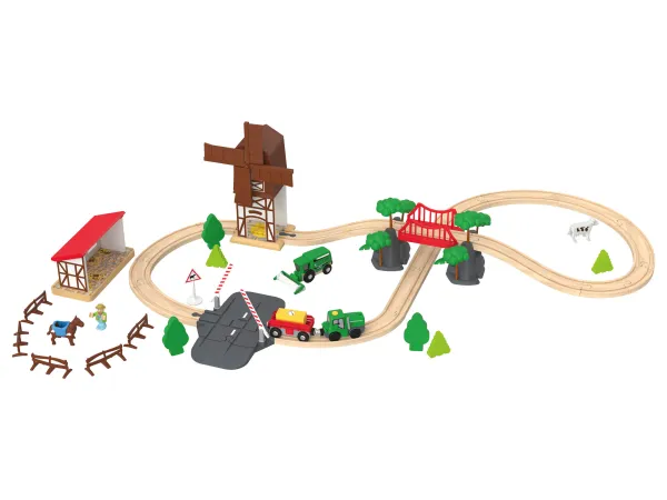 PLAYTIVE Železničná súprava, z pravého dreva, s láskavo navrhnutými stanicami. (sedliacky dvor)