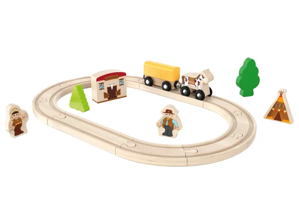 PLAYTIVE Drevená súprava vláčikov, 18-dielna. (Divoký Západ)