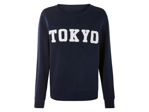 ESMARA® Dámsky teplákový pulóver, s froté potlačou. (navy modrá, XS (32/34))