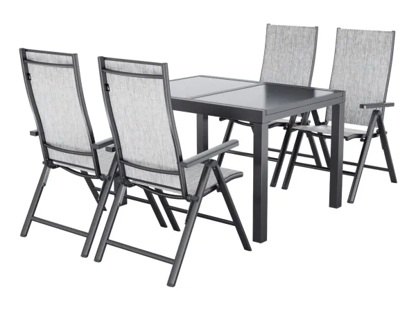 LIVARNO® Hliníkový rozťahovací záhradný stôl Houston/Toronto, 120 – 180 x 89 x 75 cm + Hliníkové skladacie kreslo Houston, 4 kusy