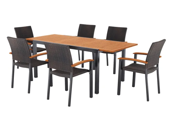 LIVARNO® Hliníkový rozkladací záhradný stôl Valencia, hnedý + Stohovateľná stolička Valencia, hnedá, 6 kusov