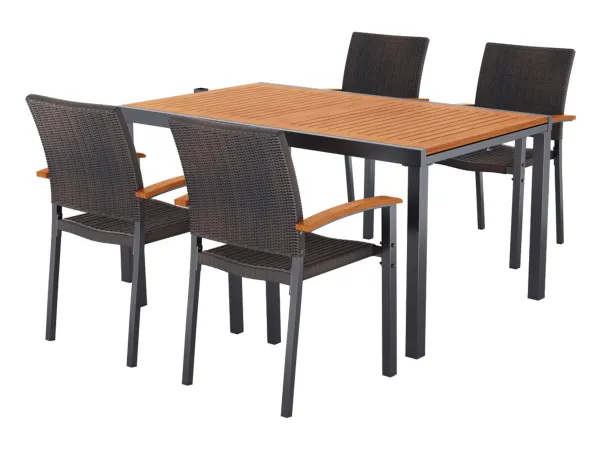 LIVARNO® Hliníkový záhradný stôl Valencia, 143 – 194,5 x 90 x 74 cm + Stohovateľná stolička Valencia, hnedá, 4 kusy