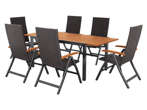 LIVARNO® Hliníkový rozkladací záhradný stôl Valencia, hnedý + Skladacie kreslo Valencia, 6 kusov