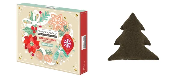 YANKEE CANDLE Adventný kalendár s vonnými čajovými sviečkami + Vianočný dekoratívny vankúš, jedlička