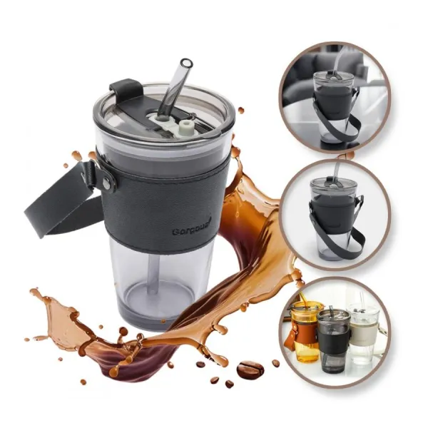 Sklenený pohár so slamkou a uzáverom - 450 ml vo výpredaji