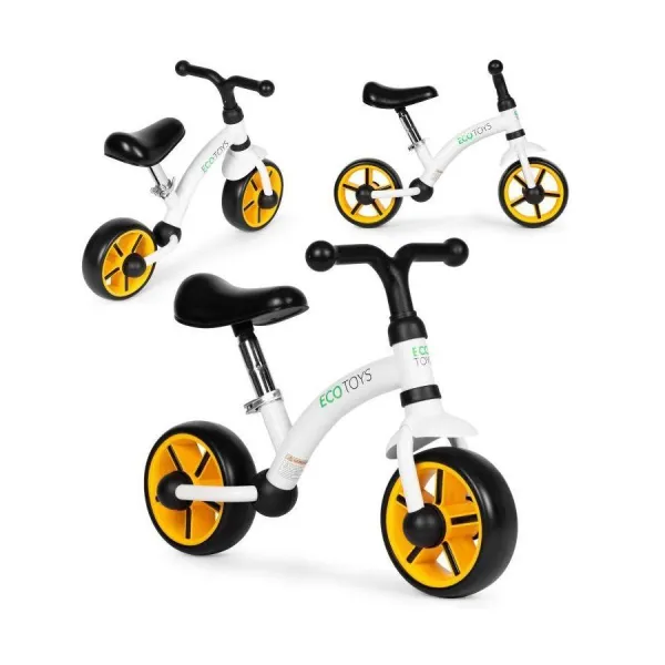 Čierno-biely balančný bicykel pre deti v akcii