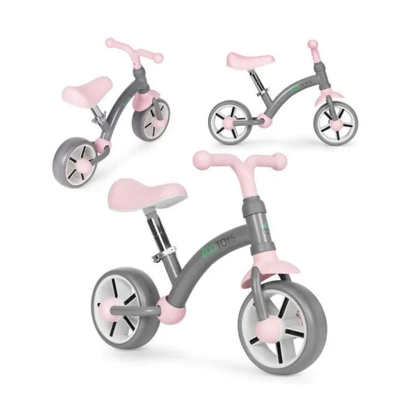Sivo-ružový balančný bicykel pre deti v akcii