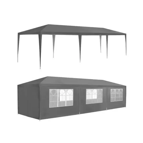 Komerčný sivý záhradný altánok 3x9m v akcii
