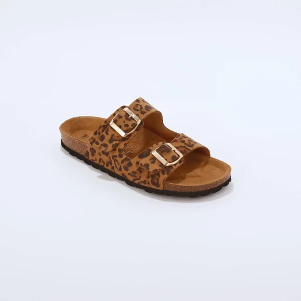 Kožené šľapky s 2 sponami a leopardím vzorom