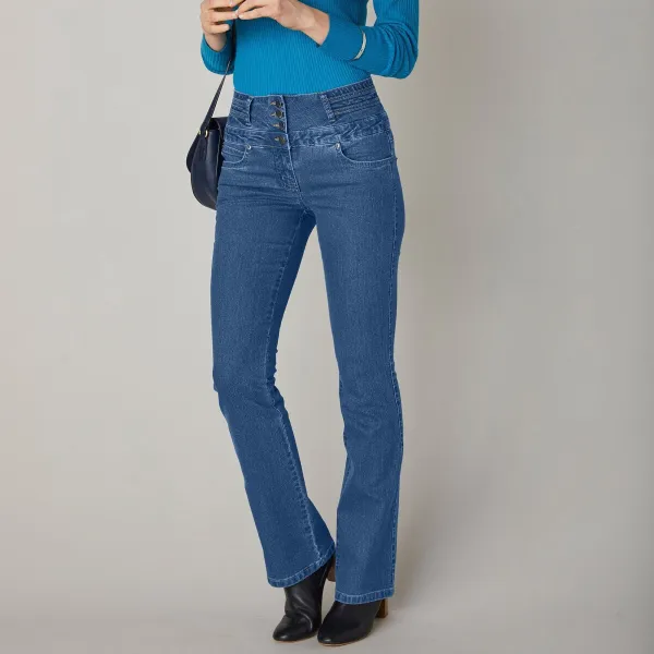 Bootcut džínsy s vysokým pásom pre nižšiu postavu