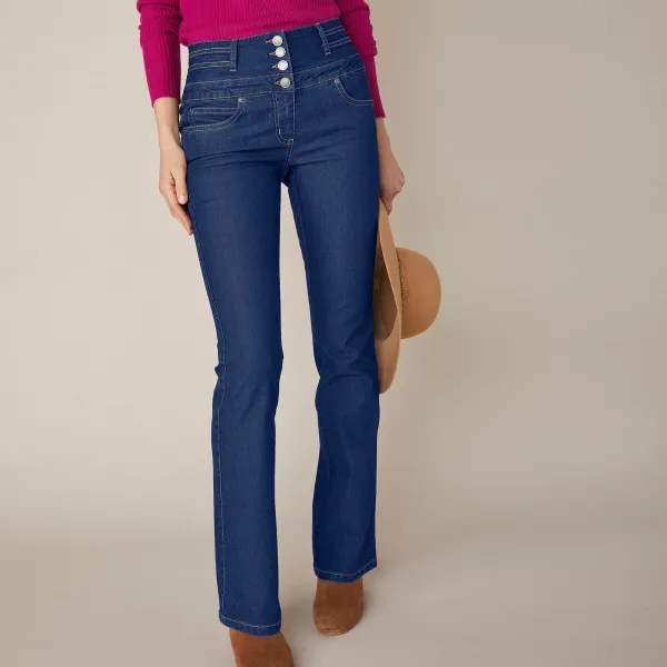 Bootcut džínsy s vysokým pásom pre nižšiu postavu
