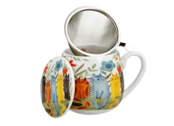 Porcelánový sudový hrnček so sitkom a krytom Mačky v záhrade 430 ml