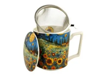 Porcelánový hrnček so sitkom a krytom Slnečnicové pole 450 ml